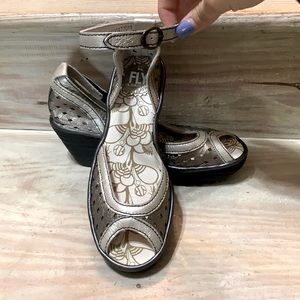 New Fly London Wedge Sandals - Gold and Black